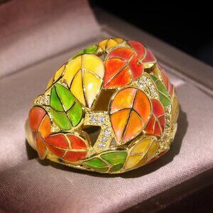 Jewelry ring dome style wide statement leaf Fall Autumn yellow gold tone new